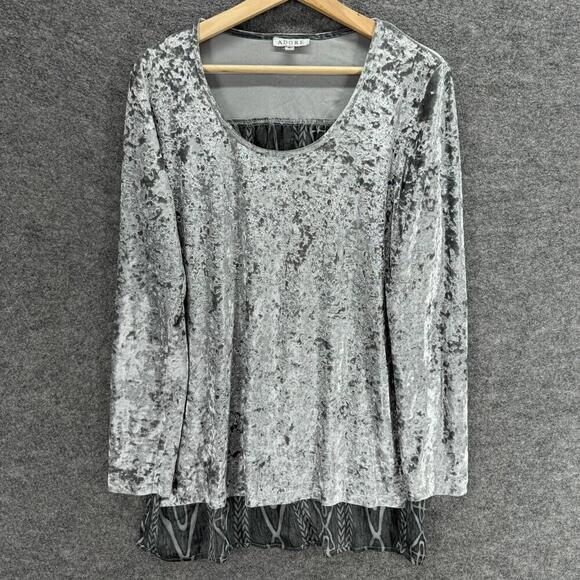 Adore Tops - Adore Blouse Women S Small Gray Geometric Long Sleeve Velvet Round Neck Casual